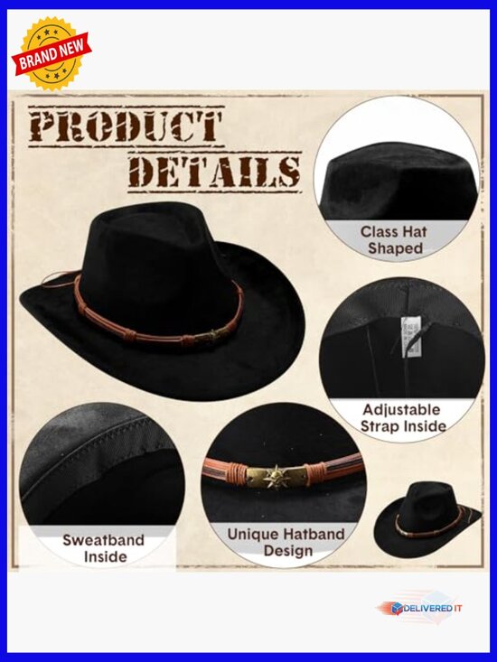 4 Pack Western Suede Felt Cowboy Hat Unisex Wide Brim Cowgirl Cowboy main image 7